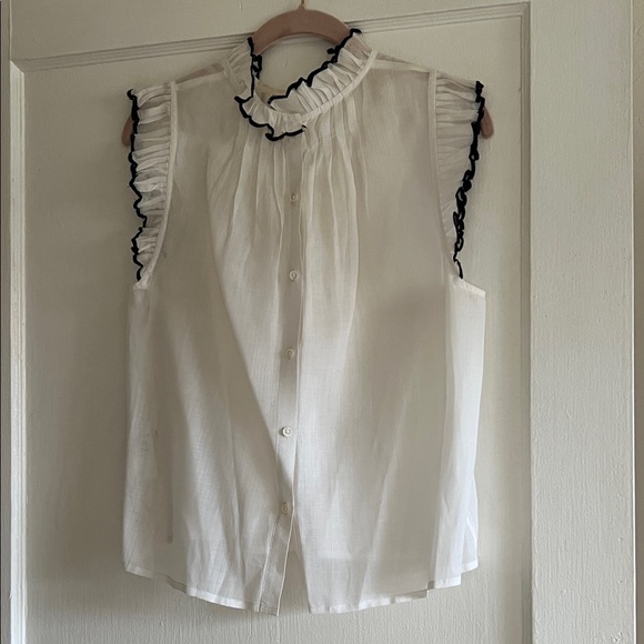 Frame Denim White Blouse with Black Ruffle Trim - Picture 3 of 16